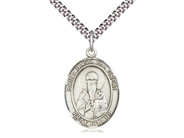 Sterling Silver St. Basil the Great Medium Patron Saint Medal Necklace 1 inch by 3/4 inch on 24 inch Chain by Bliss