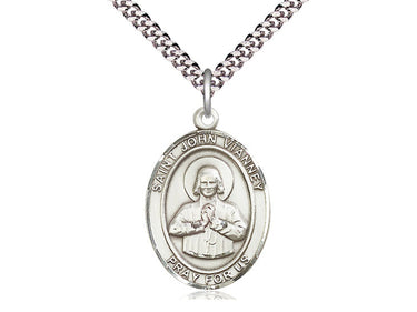 Sterling Silver St. John Vianney Patron Saint Medal Necklace 1x3/4 inch with 24 inch Curb Chain by Bliss