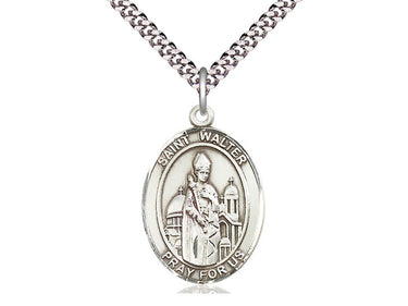 Sterling Silver St. Walter of Pontoise Patron Saint Medal Necklace 1 inch by 3/4 inch with 24 inch Chain by Bliss Manufacturing