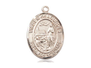 14kt Solid Gold Virgen del Lourdes Medal Pendant 1x3/4 by Bliss Manufacturing - Our Lady of Lourdes Catholic Jewelry