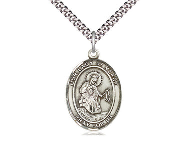 Sterling Silver Our Lady of Mercy Medal Necklace 1x3/4 inch pendant on 24 inch chain by Bliss