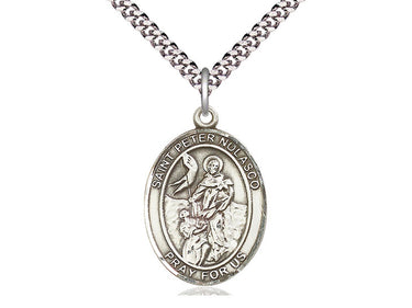Sterling silver St. Peter Nolasco patron saint medal necklace 1 inch by 3/4 inch on 24 inch chain by Bliss