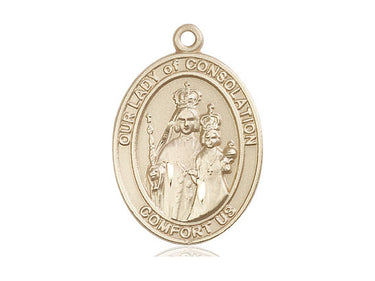 Medium 14kt solid gold Our Lady of Consolation medal pendant 1 x 3/4 inch handcrafted by Bliss Manufacturing