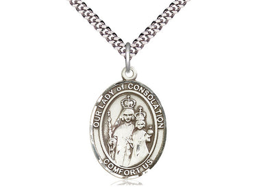 Sterling silver Our Lady of Consolation medal necklace 1 x 3/4 inch on 24 inch chain by Bliss