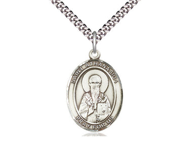 Sterling silver St. Athanasius patron saint medal necklace with 24 inch curb chain, handcrafted by Bliss USA