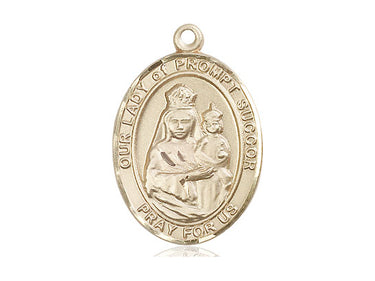 14kt solid gold Our Lady of Prompt Succor medal pendant 1 x 3/4 inch handcrafted by Bliss Manufacturing USA