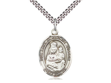 Sterling silver Our Lady of Prompt Succor medal necklace 1 x 3/4 inch 24 inch chain Bliss Manufacturing