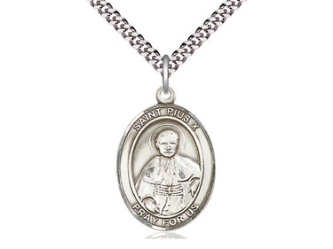 Sterling Silver St. Pius X Patron Saint Medal Necklace 1x3/4 inch with 24 inch Chain by Bliss