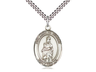 Sterling Silver Our Lady of Victory Medal Necklace 1x3/4 inch pendant on 24 inch chain by Bliss Manufacturing