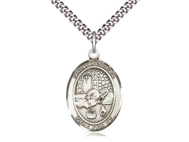 Sterling Silver St. Rosalia patron saint medal necklace with 24 inch chain, 1 x 3/4 inch pendant, handcrafted by Bliss Manufacturing USA