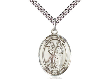 Sterling Silver St. Roch patron saint medal necklace with 24 inch chain, 1 x 3/4 inch pendant, handcrafted by Bliss Manufacturing USA