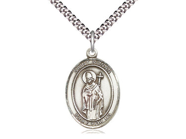 Sterling Silver St. Ronan Patron Saint Medal Necklace 1x3/4 inch pendant on 24 inch chain by Bliss Manufacturing
