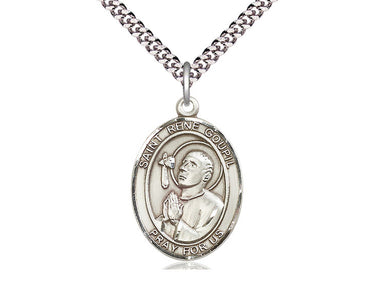Sterling silver St. Rene Goupil medal necklace 1x3/4 inch with 24 inch chain handmade by Bliss Manufacturing