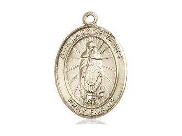 14kt solid gold Our Lady of Tears Catholic medal pendant 1 x 3/4 inch handcrafted by Bliss