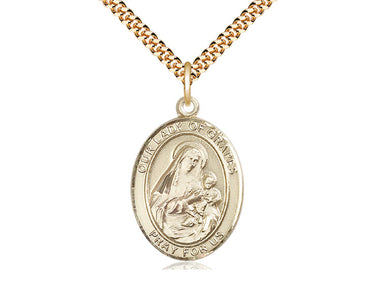 14kt Gold Filled Our Lady of Grapes Catholic medal necklace with 24 inch chain, handcrafted by Bliss Manufacturing USA