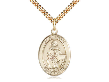 14kt Gold Filled St. Giles Patron Saint Medal Necklace 1x3/4 inch pendant on 24 inch chain by Bliss