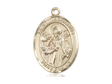 14kt solid gold St. Januarius patron saint medal pendant, 1 inch by three-quarter inch, handcrafted in USA by Bliss Manufacturing