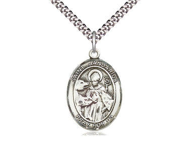 Sterling silver St. Januarius patron saint medal necklace with 24 inch curb chain, handcrafted in USA by Bliss Manufacturing