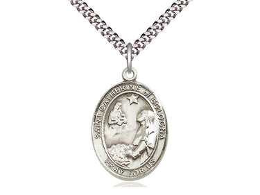 Sterling silver St. Catherine of Bologna patron saint medal necklace, 1x3/4 inch with 24 inch chain, handcrafted by Bliss Manufacturing USA