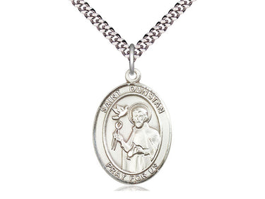 Sterling silver St. Dunstan patron saint medal necklace with 24 inch curb chain, handcrafted by Bliss