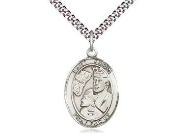 Sterling silver St. Edwin patron saint medal necklace with 24 inch chain by Bliss Manufacturing