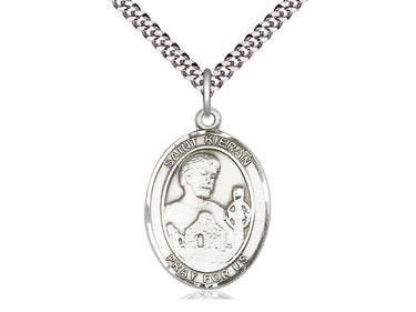 Sterling silver St. Kieran patron saint medal necklace, 1 inch pendant on 24 inch chain, handmade in USA by Bliss Manufacturing