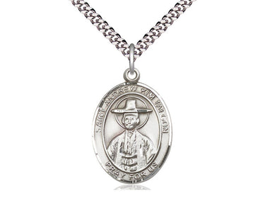 Sterling Silver St. Andrew Kim Taegon Catholic Patron Saint Medal Necklace 1x3/4 inch with 24 inch Chain by Bliss