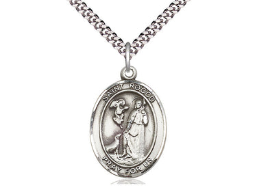 Sterling Silver St. Rocco patron saint medal necklace with 1 inch by 3/4 inch pendant on 24 inch chain by Bliss