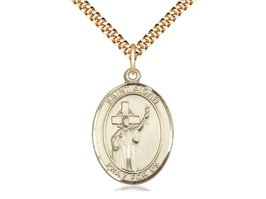 14kt Gold Filled St. Aidan Of Lindesfarne Patron Saint Medal Necklace 1x3/4 inch Medium 24 inch Chain Bliss USA