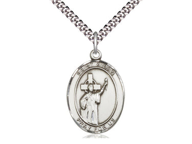 Sterling Silver St. Aidan Of Lindesfarne Patron Saint Medal Necklace 1x3/4 inch Medium 24 inch Chain Bliss USA