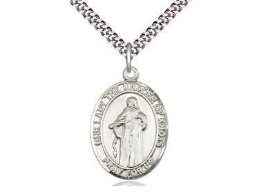 Sterling Silver Our Lady of Knots Catholic pendant necklace, 1 inch x 3/4 inch medium size, 24 inch chain, handmade by Bliss Manufacturing USA