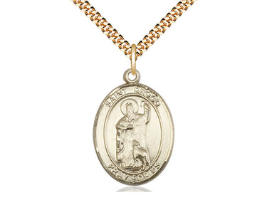 14kt gold filled St. Drogo patron saint medal necklace, 1x3/4 inch with 24 inch chain, handcrafted by Bliss Manufacturing USA