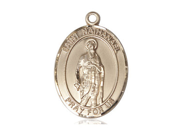 14kt Solid Gold St. Nathanael patron saint medal pendant, 1 inch by 3/4 inch, handcrafted by Bliss Manufacturing USA