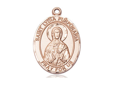 14kt solid gold St. Lydia Purpuraria patron saint medal pendant, 1 inch by 3/4 inch, handcrafted by Bliss Manufacturing USA