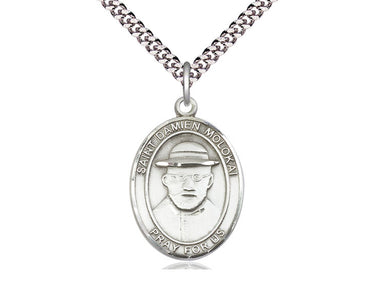 Sterling Silver St. Damien of Molokai Catholic patron saint medal necklace, 1 inch pendant on 24 inch chain, handmade by Bliss