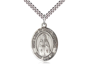 Sterling silver Our Lady of Rosa Mystica Catholic pendant necklace with 24 inch chain, handcrafted by Bliss Manufacturing