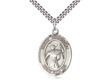 Sterling Silver St. Theodore Stratelates Patron Saint Medal Necklace 1 inch by 3/4 inch on 24 inch Chain by Bliss Manufacturing