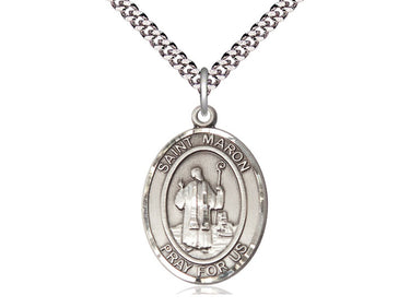 Sterling Silver St. Maron Patron Saint Medal Necklace with 1 inch by 3/4 inch pendant on 24 inch curb chain by Bliss Manufacturing