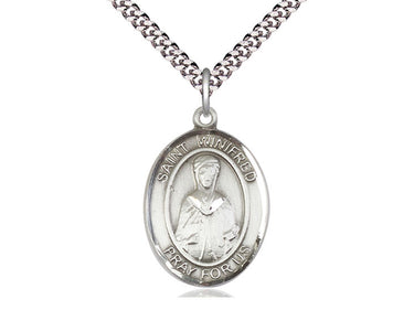 Sterling Silver St. Winifred of Wales Patron Saint Medal Necklace 1x3/4 inch with 24 inch Chain by Bliss
