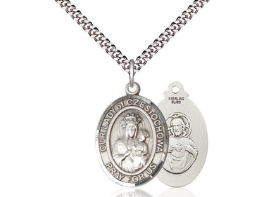 Sterling silver Our Lady of Czestochowa medal necklace with 24 inch chain handmade by Bliss Manufacturing