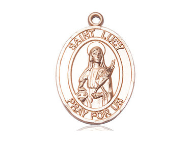 14kt solid gold St. Lucy patron saint medal pendant, 1 inch by 3/4 inch, handcrafted by Bliss Manufacturing USA