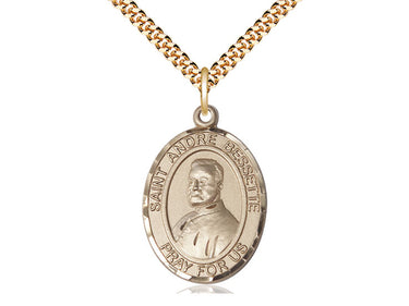 14kt gold filled St. Andre Bessette patron saint medal necklace, 1 inch by 3/4 inch pendant on 24 inch curb chain, handcrafted in USA by Bliss Manufacturing