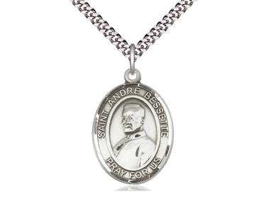 Sterling silver St. Andre Bessette patron saint medal necklace, 1 inch by 3/4 inch pendant on 24 inch curb chain, handcrafted in USA by Bliss Manufacturing