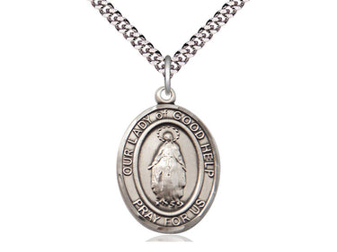 Sterling silver Our Lady of Good Help medal necklace with 24 inch chain handmade by Bliss Manufacturing
