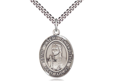 Sterling Silver St. Kateri Tekakwitha Catholic Patron Saint Medal Necklace 1 x 3/4 inch with 24 inch Chain by Bliss