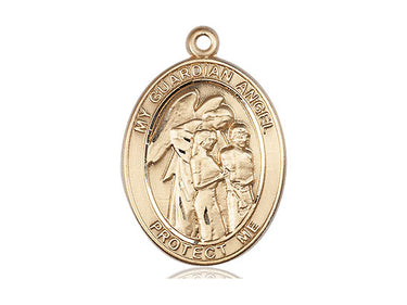 14kt solid gold Guardian Angel with Children medal pendant, 1 x 3/4 inches, handcrafted in USA by Bliss Manufacturing