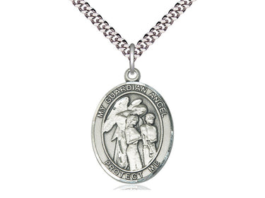 Sterling Silver Guardian Angel with Children Pendant Necklace 1x3/4 inch on 24 inch chain by Bliss