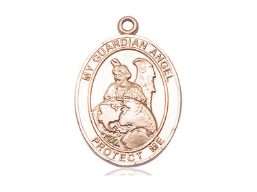 14kt solid gold Guardian Angel Protector medal pendant, 1 x 3/4 inches, handcrafted in USA by Bliss Manufacturing