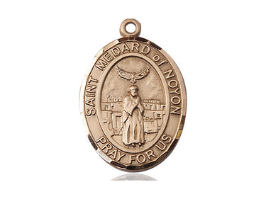 14kt Solid Gold St. Medard of Noyon patron saint medal pendant, 1 inch by 5/8 inch, handmade in USA by Bliss Manufacturing