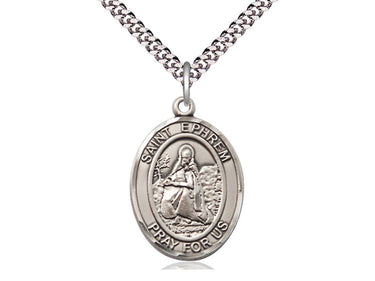 Sterling Silver St. Ephrem patron saint medal necklace with 24 inch curb chain by Bliss Manufacturing